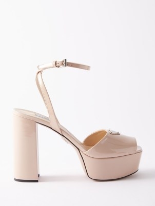 PRADA Plateau 115 leather platform sandals in pink ~ glossy nude block heel platforms ~ patent ankle strap shoes ~ women’s luxury retro style footwear ~ luxe fashion - flipped