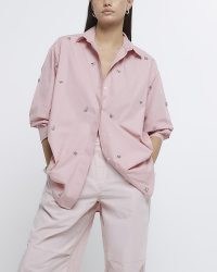 RIVER ISLAND PINK POPLIN EMBELLISHED OVERSIZED SHIRT ~ women’s casual cotton shirts