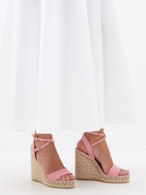 VALENTINO GARAVANI Rockstud 125 pink leather espadrille wedges | luxury wedged sandals | luxe studded ankle strap espadrilles | high wedge heel shoes - flipped