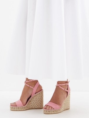 VALENTINO GARAVANI Rockstud 125 pink leather espadrille wedges | luxury wedged sandals | luxe studded ankle strap espadrilles | high wedge heel shoes