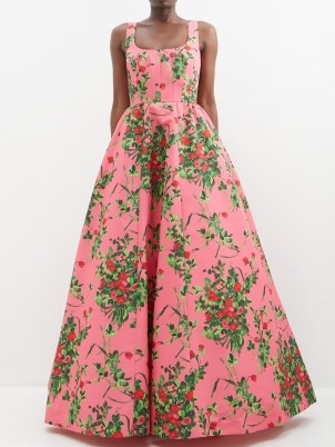 CAROLINA HERRERA Rose-print faille gown in pink ~ luxury sleeveless floral fit and flare gowns ~ red carpet worthy clothes ~ romantic event clothing ~ designer fashion ~ romance inspired dresses ~ fitted bodice - flipped