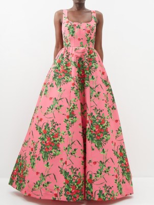 CAROLINA HERRERA Rose-print faille gown in pink ~ luxury sleeveless floral fit and flare gowns ~ red carpet worthy clothes ~ romantic event clothing ~ designer fashion ~ romance inspired dresses ~ fitted bodice