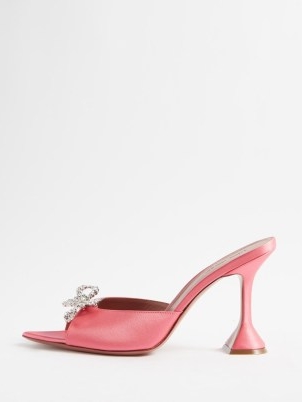 AMINA MUADDI Rosie 95 crystal-bow satin mules in pink ~ luxe candy coloured mule sandals ~ flared party heels ~ women’s luxury occasion shoes