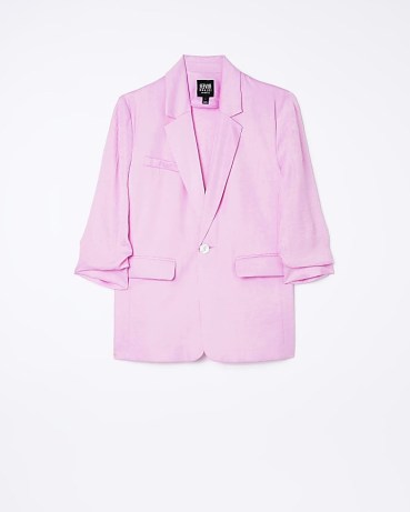 RIVER ISLAND PINK RUCHED SLEEVE BLAZER – women’s gathered sleeved blazers – womens fashionable jackets - flipped