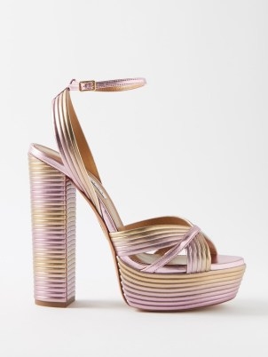 AQUAZZURA Sundance Plateau 140 metallic-leather sandals in pink ~ ombre ankle strap platforms ~ luxury platform shoes ~ luxe high block heels ~ womens glamorous vintage style occasion footwear - flipped