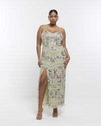 RIVER ISLAND PLUS GREEN SEQUIN FLORAL BODYCON MAXI DRESS ~ glamorous plus size occasion clothes ~ party glamour ~ strappy sequinned slit hem dresses ~ skinny shoulder strap evening fashion