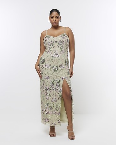 RIVER ISLAND PLUS GREEN SEQUIN FLORAL BODYCON MAXI DRESS ~ glamorous plus size occasion clothes ~ party glamour ~ strappy sequinned slit hem dresses ~ skinny shoulder strap evening fashion - flipped