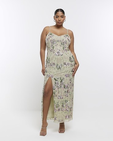 RIVER ISLAND PLUS GREEN SEQUIN FLORAL BODYCON MAXI DRESS ~ glamorous plus size occasion clothes ~ party glamour ~ strappy sequinned slit hem dresses ~ skinny shoulder strap evening fashion