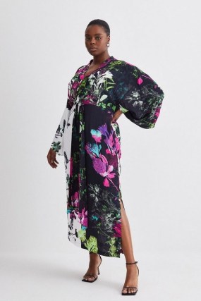 KAREN MILLEN Plus Size Mono Colourblock Floral Kimono Woven Midi Dress / women’s wide sleeve occasion dresses / wrap style evening clothing / feminine party clothes - flipped