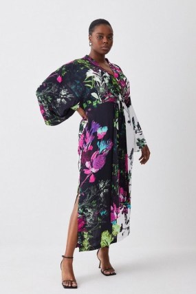 KAREN MILLEN Plus Size Mono Colourblock Floral Kimono Woven Midi Dress / women’s wide sleeve occasion dresses / wrap style evening clothing / feminine party clothes