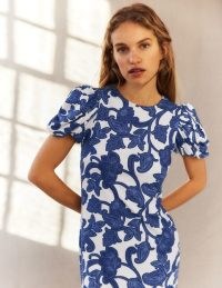 Boden Puff Sleeve Jersey Midi Dress in Blue Ribbon, Paisley Whirl / women’s short puffed sleeved dresses