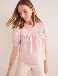 Boden Puff Sleeve Seersucker Popover in Dahlia Pink Gingham | women’s checked puffed sleeved tops | womens cotton check print blouse | feminine ruffle trim clothes