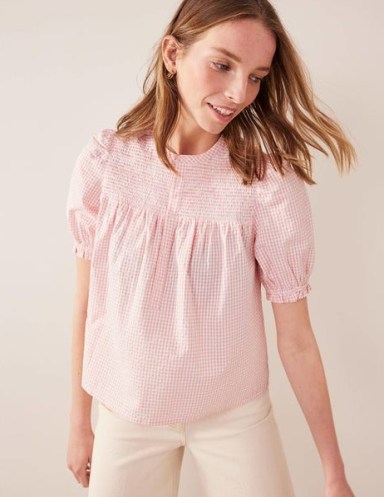 Boden Puff Sleeve Seersucker Popover in Dahlia Pink Gingham | women’s checked puffed sleeved tops | womens cotton check print blouse | feminine ruffle trim clothes - flipped