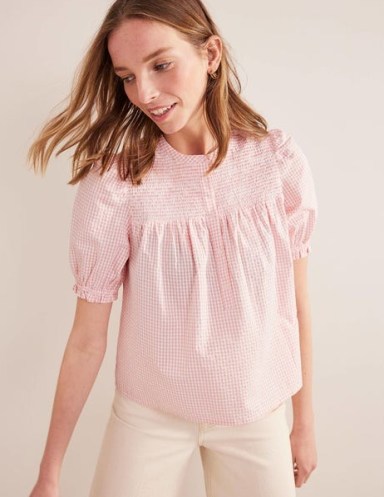 Boden Puff Sleeve Seersucker Popover in Dahlia Pink Gingham | women’s checked puffed sleeved tops | womens cotton check print blouse | feminine ruffle trim clothes