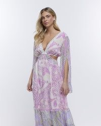 River Island PURPLE BELL SLEEVE MAXI | plunge front paisley print dress | floaty cut out dresses | feminine clothes | women’s plunging neckline fashion