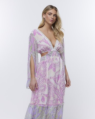 River Island PURPLE BELL SLEEVE MAXI | plunge front paisley print dress | floaty cut out dresses | feminine clothes | women’s plunging neckline fashion - flipped