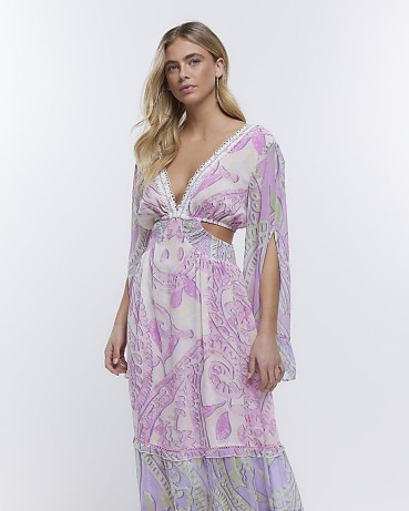 River Island PURPLE BELL SLEEVE MAXI | plunge front paisley print dress | floaty cut out dresses | feminine clothes | women’s plunging neckline fashion