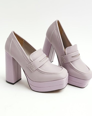 RIVER ISLAND PURPLE PLATFORM HEELED LOAFERS ~ chunky loafer style platforms ~ high block heels ~ womens 70s style fashion ~ women’s retro look footwear ~ 1970s inspired shoes - flipped