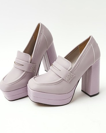 RIVER ISLAND PURPLE PLATFORM HEELED LOAFERS ~ chunky loafer style platforms ~ high block heels ~ womens 70s style fashion ~ women’s retro look footwear ~ 1970s inspired shoes