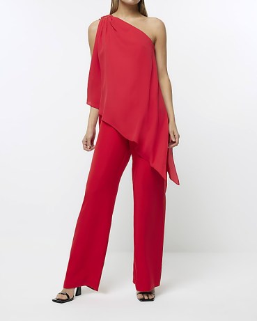RIVER ISLAND RED ONE SHOULDER DRAPE JUMPSUIT – asymmetric jumpsuits – evening fashion – women’s occasion clothes - flipped