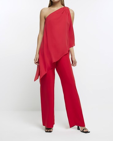RIVER ISLAND RED ONE SHOULDER DRAPE JUMPSUIT – asymmetric jumpsuits – evening fashion – women’s occasion clothes