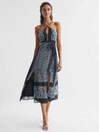 REISS ALIANA FLORAL PRINT FITTED MIDI DRESS NAVY / BLUE ~ strappy printed occasion dresses ~ feminine skinny strap party clothes ~ women’s event clothes ~ slit hem ~ floral fashion