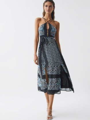 REISS ALIANA FLORAL PRINT FITTED MIDI DRESS NAVY / BLUE ~ strappy printed occasion dresses ~ feminine skinny strap party clothes ~ women’s event clothes ~ slit hem ~ floral fashion - flipped
