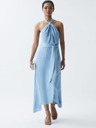 Reiss EVELYN FITTED HALTER NECK MIDI DRESS BLUE – halterneck dresses with asymmetric hemline – women’s feminine occasion clothes – asymmetrical hem - flipped