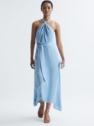 Reiss EVELYN FITTED HALTER NECK MIDI DRESS BLUE – halterneck dresses with asymmetric hemline – women’s feminine occasion clothes – asymmetrical hem