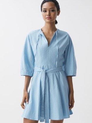 Reiss FREIDA RELAXED FIT SELF-TIE MINI DRESS BLUE – women’s minimalist clothing - flipped
