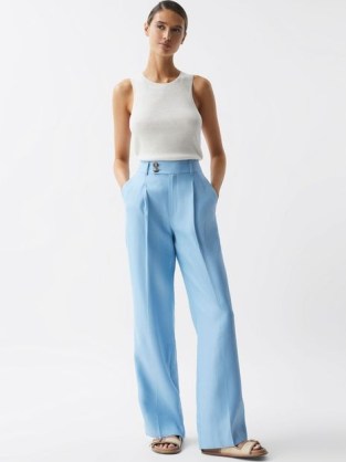 Reiss HOLLIE WIDE LEG LINEN TROUSERS BLUE – women’s smart casual clothing – womens stylish clothes - flipped
