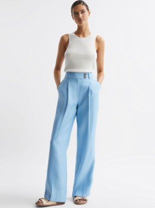 Reiss HOLLIE WIDE LEG LINEN TROUSERS BLUE – women’s smart casual clothing – womens stylish clothes
