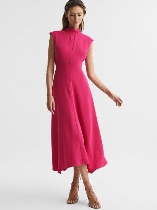 REISS LIVVY OPEN BACK MIDI DRESS BRIGHT PINK ~ elegant high neck cap sleeve fit and flare dresses ~ women’s occasion clothes - flipped