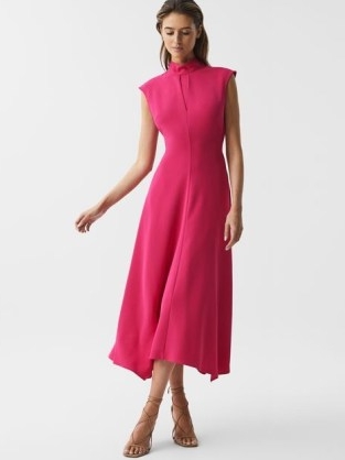 REISS LIVVY OPEN BACK MIDI DRESS BRIGHT PINK ~ elegant high neck cap sleeve fit and flare dresses ~ women’s occasion clothes