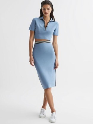 Reiss BROOKE HIGH RISE PENCIL SKIRT CO-ORD BLUE | women’s clothing co-ords | sportswear inspired skirt and crop top | womens sporty fashion sets | cropped tops & skirts | casual clothes