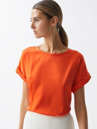 REISS HELEN SILK FRONT CREW NECK T-SHIRT ORANGE / womens bright tee / women’s luxury T-shirts / casual luxe clothing - flipped