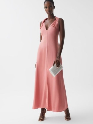 REISS LILA BRIDESMAID TWIST DETAIL MIDI DRESS CORAL ~ orange pink sleeveless occasion dresses - flipped