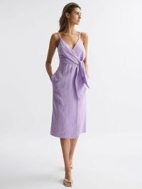 REISS ESME LINEN SIDE TIE MIDI DRESS LILAC ~ wrap style dresses with tie waist detail ~ women’s chic summer clothing