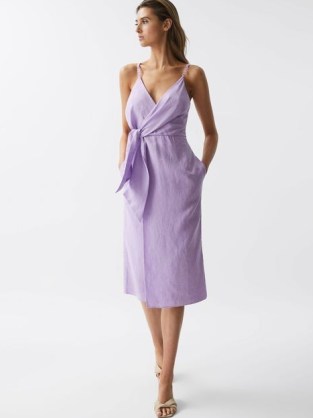 REISS ESME LINEN SIDE TIE MIDI DRESS LILAC ~ wrap style dresses with tie waist detail ~ women’s chic summer clothing - flipped