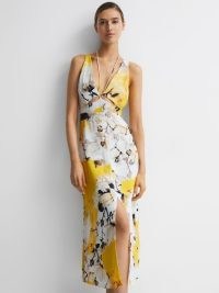Reiss LEXI FITTED FLORAL PRINT MIDI DRESS YELLOW | women’s cut out occasion clothes | womens plunge front summer event dresses | feminine halterneck ties | chic plunging neckline fashion
