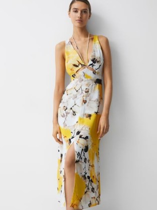 Reiss LEXI FITTED FLORAL PRINT MIDI DRESS YELLOW | women’s cut out occasion clothes | womens plunge front summer event dresses | feminine halterneck ties | chic plunging neckline fashion - flipped