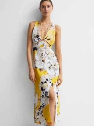 Reiss LEXI FITTED FLORAL PRINT MIDI DRESS YELLOW | women’s cut out occasion clothes | womens plunge front summer event dresses | feminine halterneck ties | chic plunging neckline fashion