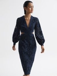 Reiss ZENA LACE CUT-OUT MIDI DRESS NAVY – semi sheer cutout occasion dresses – womens dark blue event clothing – feminine balloon sleeve fashion – women’s luxury cotton clothes