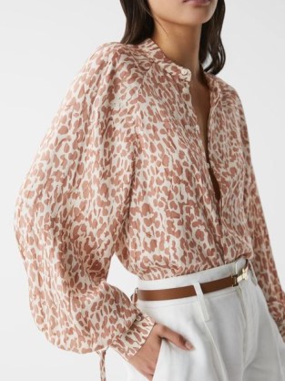 REISS CALLA ANIMAL PRINT BLOUSE NEUTRAL – women’s balloon sleeve blouses – leopard prints – womens feminine loose fitting tops - flipped