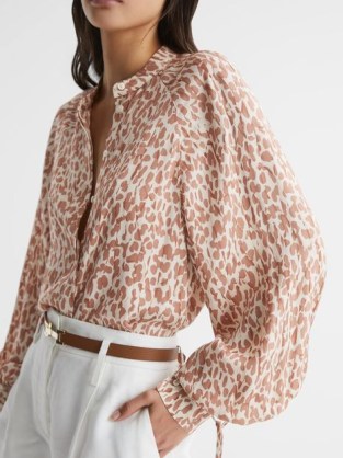 REISS CALLA ANIMAL PRINT BLOUSE NEUTRAL – women’s balloon sleeve blouses – leopard prints – womens feminine loose fitting tops