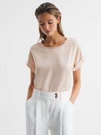 REISS HELEN SILK FRONT CREW NECK T-SHIRT NUDE / women’s luxe short sleeve tee / womens luxury T-shirts / minimalist relaxed fitting tops