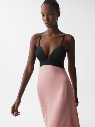 REISS CARA STRAPPY CUT-OUT MIDI DRESS PINK ~ plunging sweetheart neckline occasion dresses ~ skinny shoulder strap evening clothes ~ women’s cutout party clothing - flipped