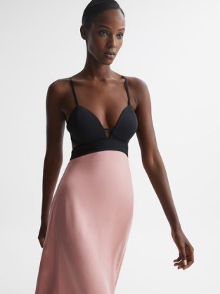 REISS CARA STRAPPY CUT-OUT MIDI DRESS PINK ~ plunging sweetheart neckline occasion dresses ~ skinny shoulder strap evening clothes ~ women’s cutout party clothing