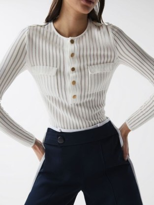 REISS PIPPA SHEER STRIPED LONG SLEEVE TOP IVORY – women’s military inspired clothing – womens long sleeve tops - flipped