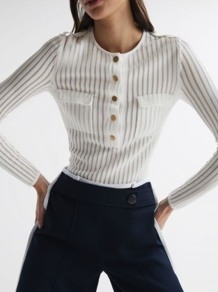 REISS PIPPA SHEER STRIPED LONG SLEEVE TOP IVORY – women’s military inspired clothing – womens long sleeve tops